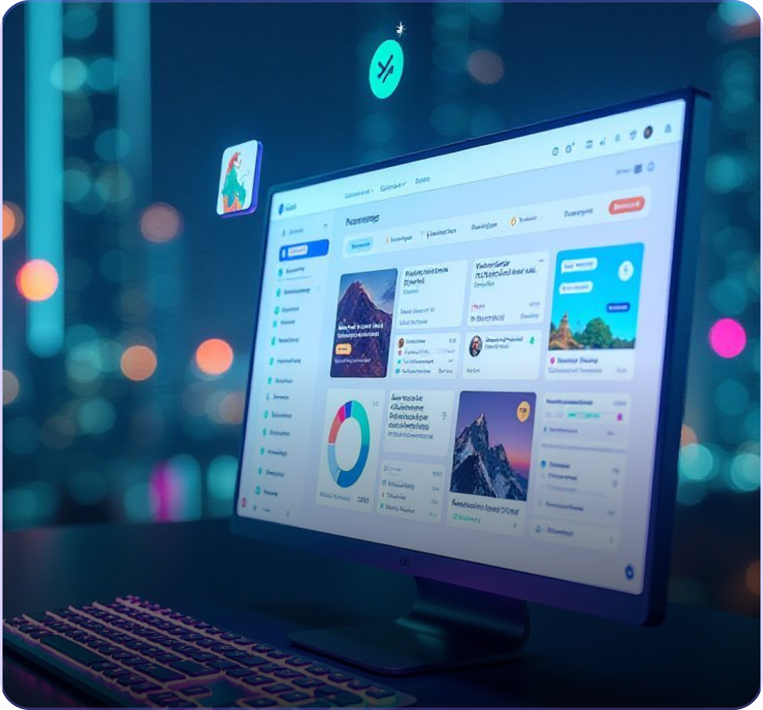 Modern desktop monitor displaying a dashboard interface with charts, images, and user profiles, set against a blurred cityscape at night.