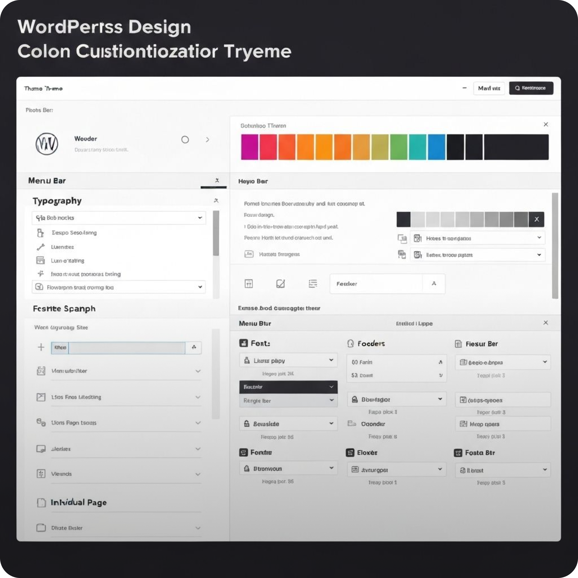 User interface of a WordPress theme design customization panel showing typography, color palette, menu bar options, and font settings.