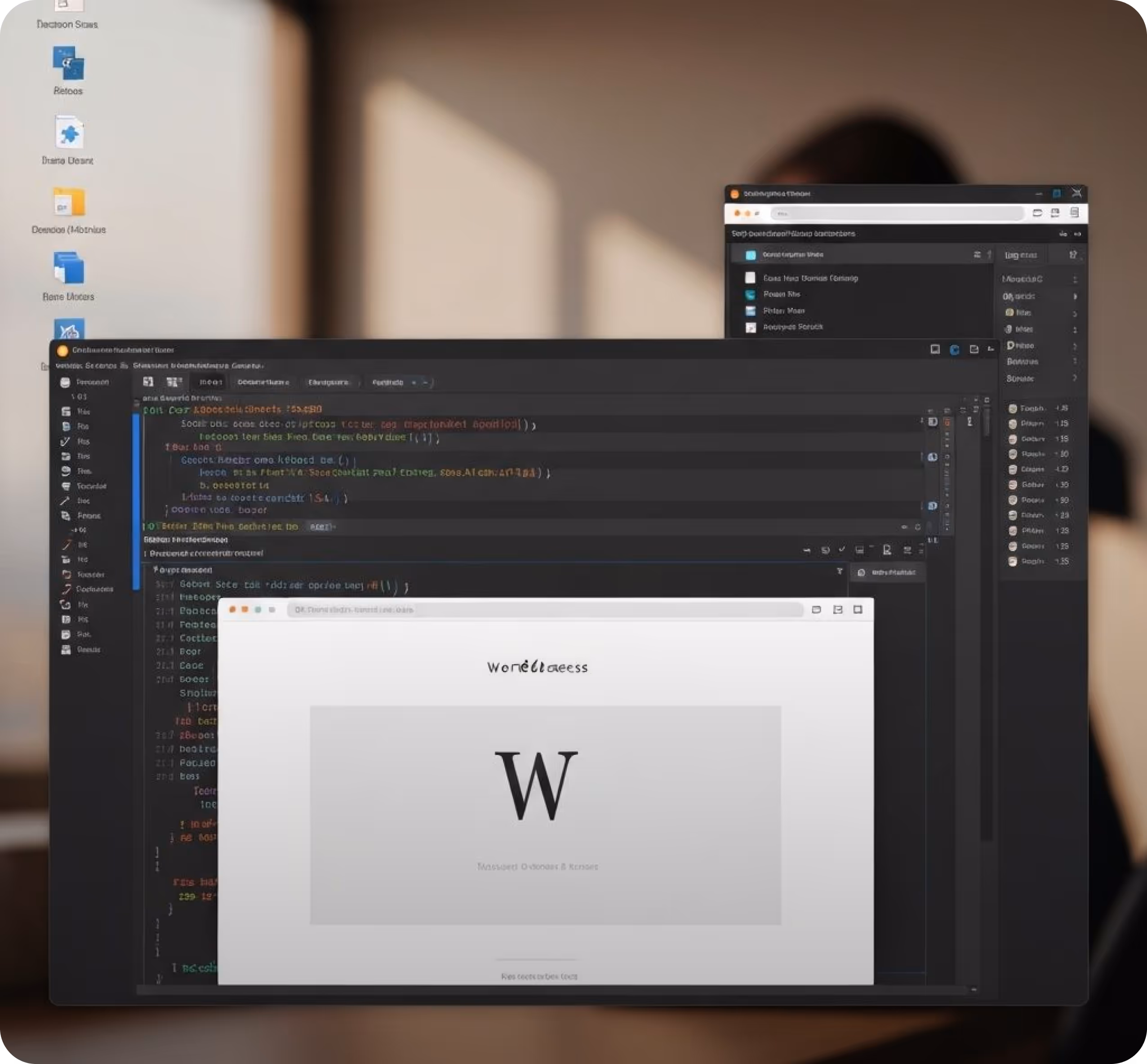 Computer screen showing multiple overlapping code editor windows and a web browser window with a large letter W.