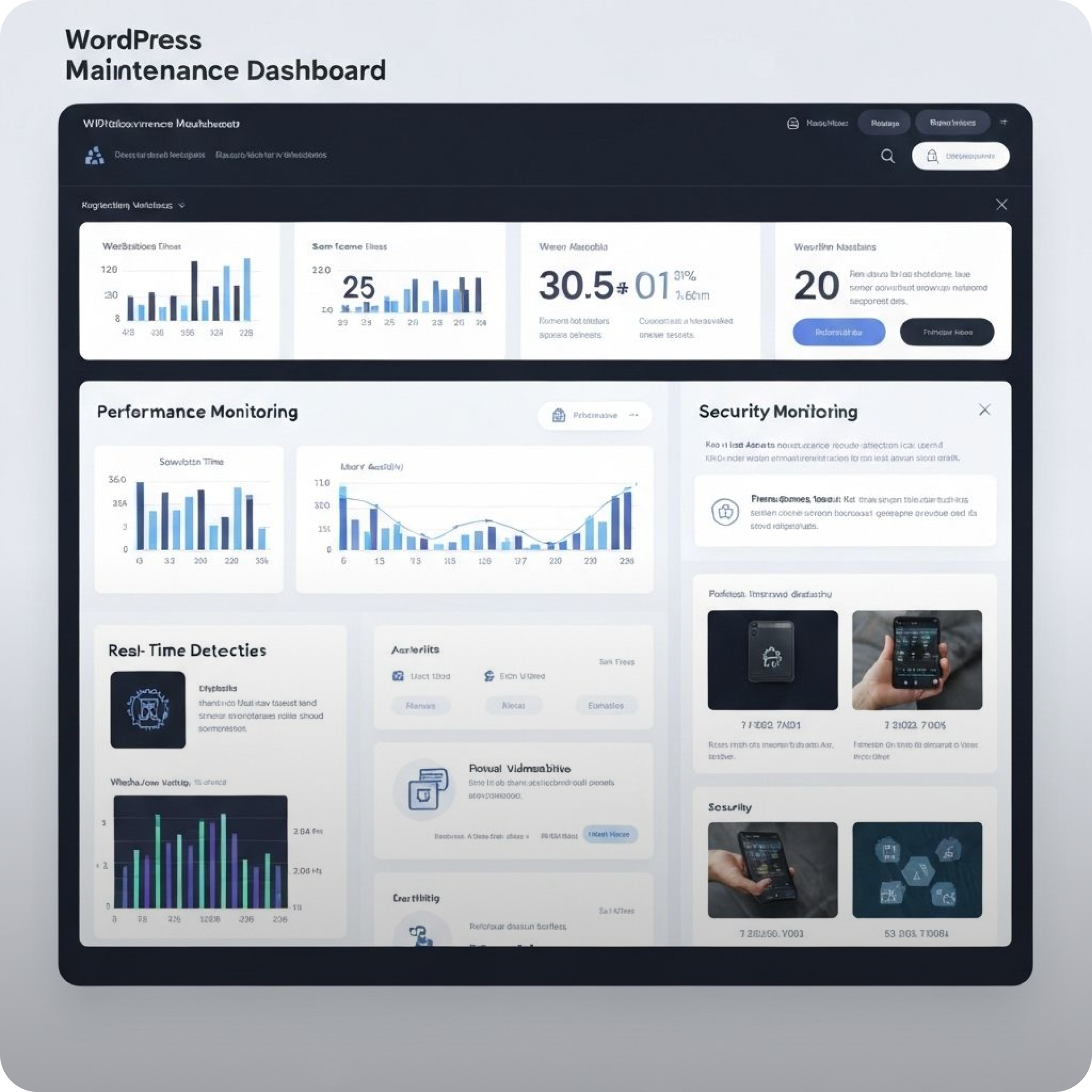 WordPress Maintenance Dashboard showing performance and security monitoring with various data charts and real-time detections.