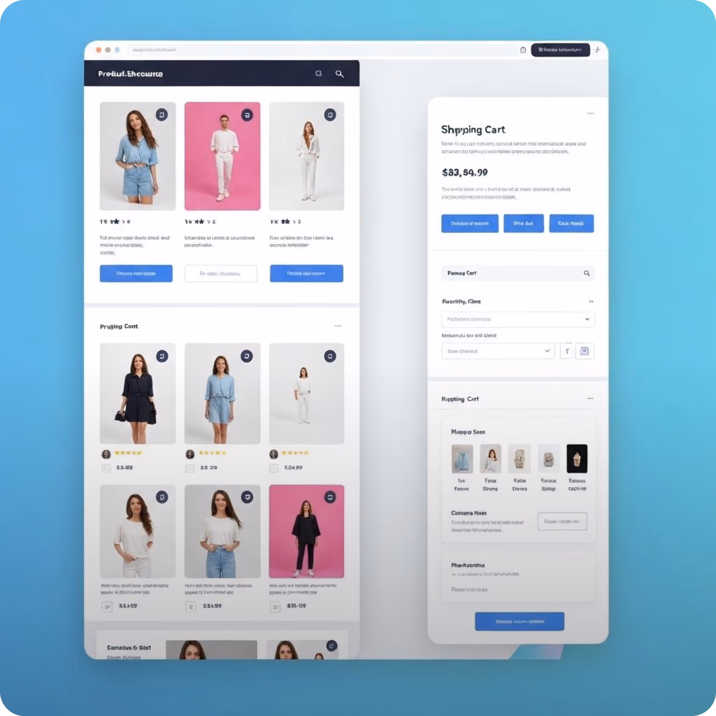 E-commerce website interface showing product listings with models wearing clothing, prices, star ratings, and a shopping cart summary on a blue background.