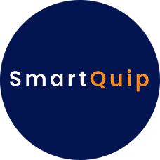 SmartQuip logo with white and orange text on a dark blue circular background.