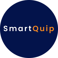 SmartQuip logo with white and orange text on a dark blue circular background.