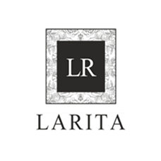 LARITA logo featuring white initials LR inside a black square with a floral ornate border.