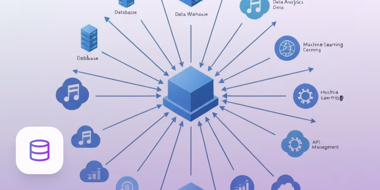 Central blue 3D cube connected by arrows to surrounding icons representing database, data warehouse, machine learning, media files, and API management on a purple gradient background.