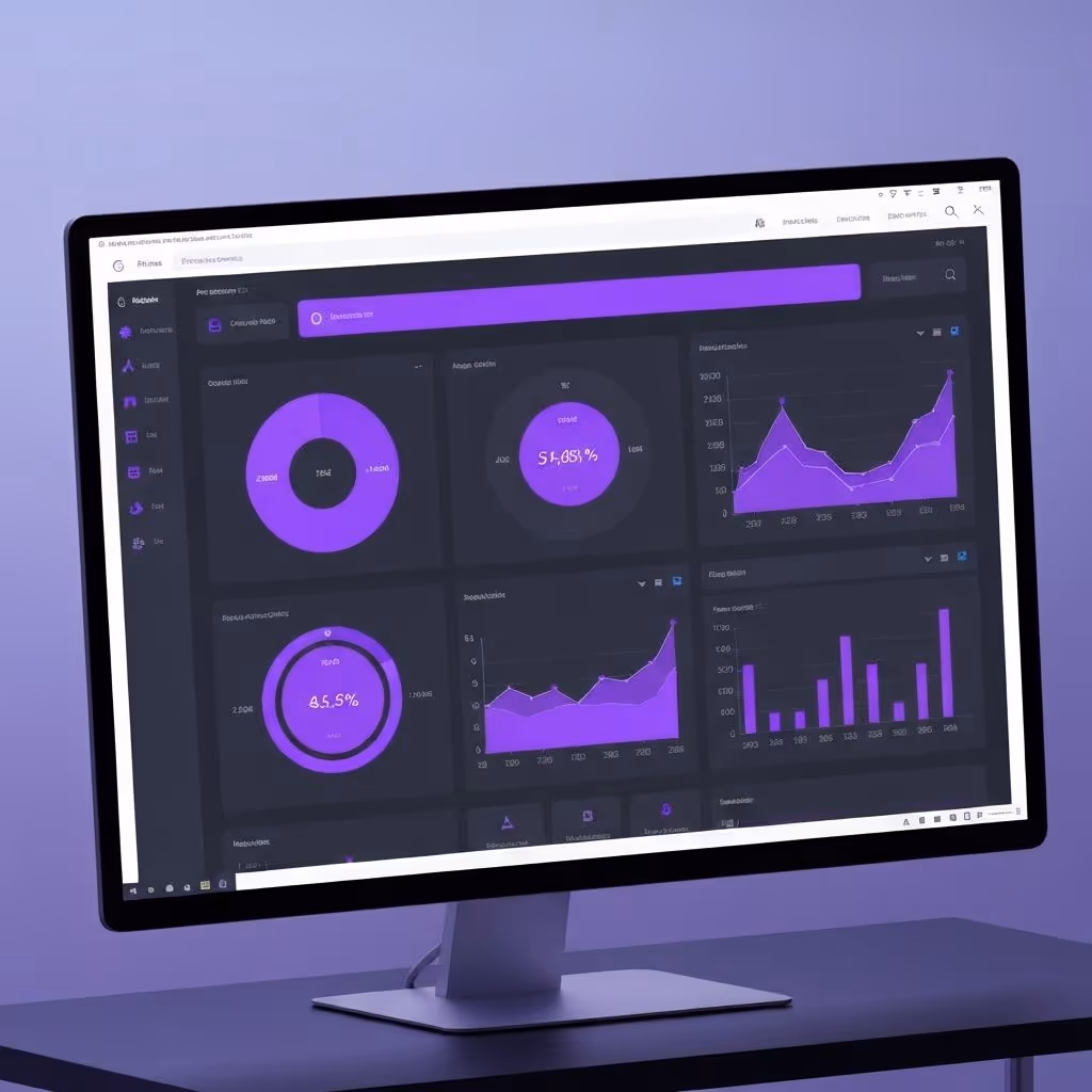 Computer monitor on desk displaying a dark-themed dashboard with purple charts and graphs.