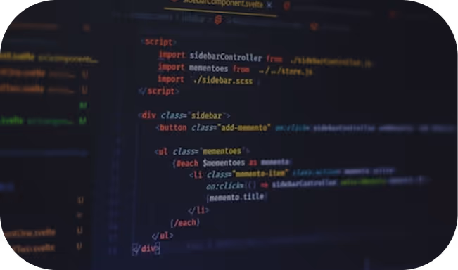Code editor screen showing Svelte component code with import statements, a sidebar div, and a list rendering memento items.