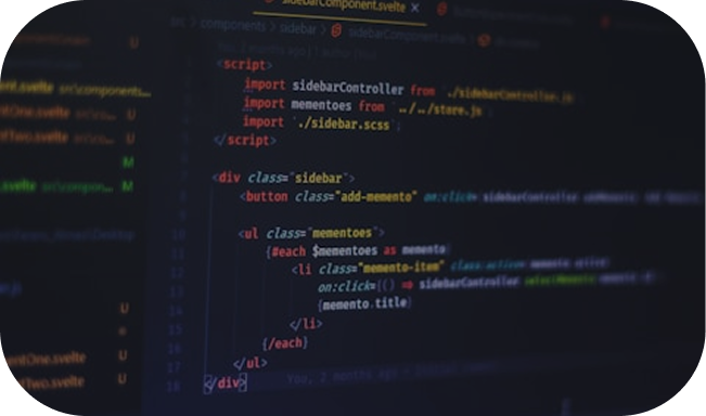 Code editor screen showing Svelte component code with import statements, a sidebar div, and a list rendering memento items.
