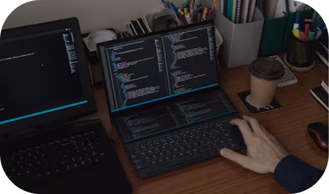 Person typing on a dual-screen laptop with programming code displayed on both screens, next to a coffee cup on a wooden desk.