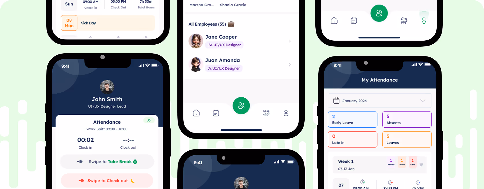 Mobile app interface showing employee attendance tracking, including clock in/out times, break options, and employee list with roles.