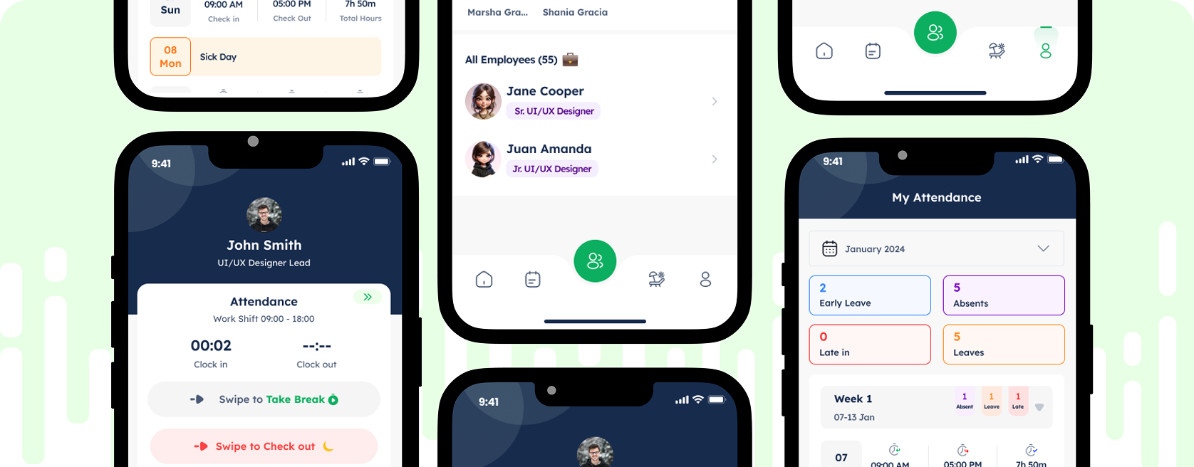 Mobile app interface showing employee attendance tracking, including clock in/out times, break options, and employee list with roles.