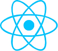 Blue atomic structure icon with a central circle and elliptical orbits.