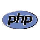 PHP programming language logo with black letters on a blue oval background.