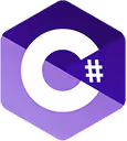 Microsoft C# programming language logo with white C# symbol inside a purple hexagon.