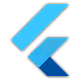 Flutter logo with overlapping blue geometric shapes forming an abstract F.