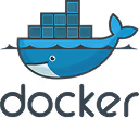 Docker logo featuring a blue whale carrying stacked shipping containers.