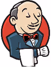 Cartoon butler with a bow tie holding a white towel over his arm, set against a red circular background.