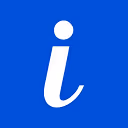 White italic lowercase letter i on a blue background, representing information.