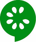 Green chat bubble icon with seven white seed shapes arranged in a circular pattern inside.
