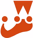 Stylized red-orange icon resembling a jester's hat with two circular accents and a pointed tip.