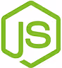 Node.js logo with green hexagon border and letters JS inside.