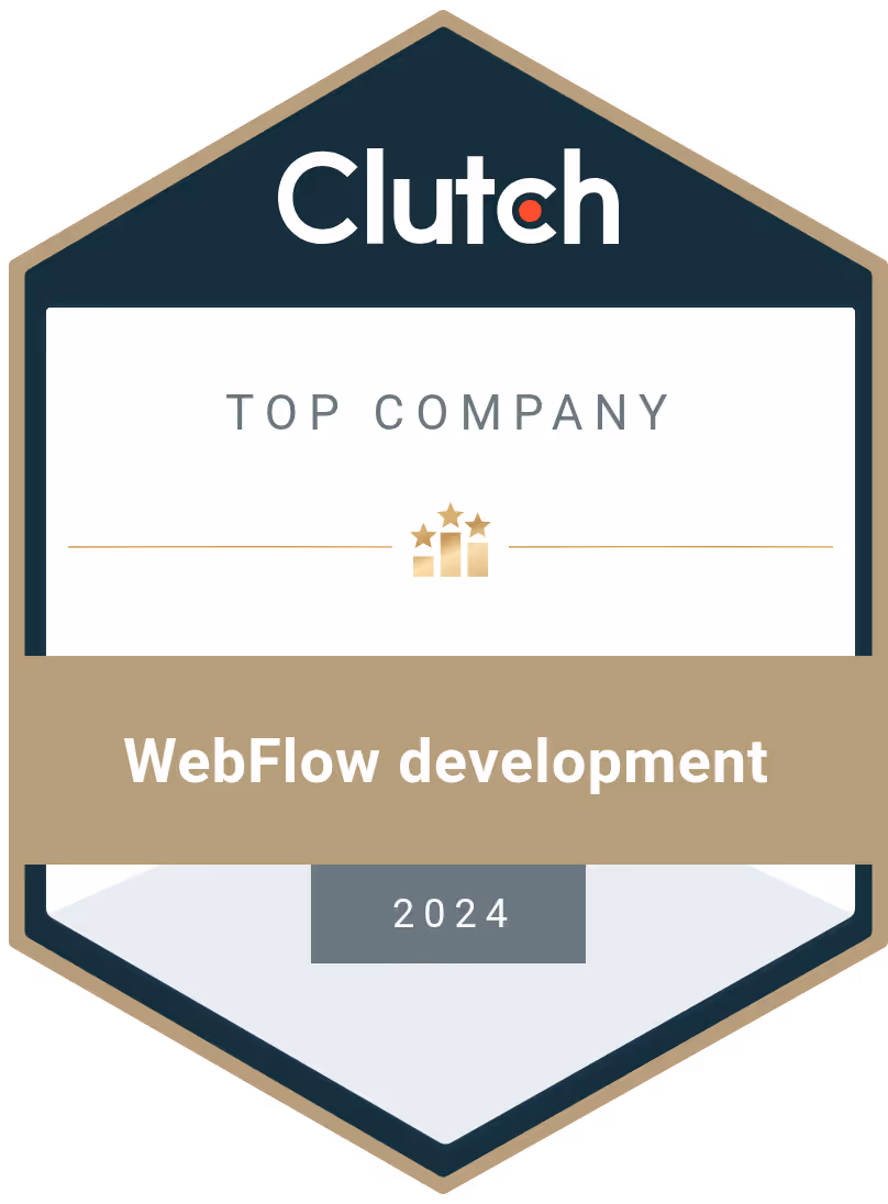 Clutch Top Company award badge for WebFlow development in 2024 with gold and dark blue hexagonal design.