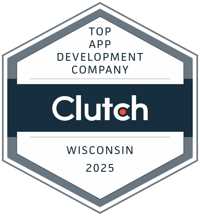 Hexagonal badge stating Top App Development Company Clutch Wisconsin 2025.