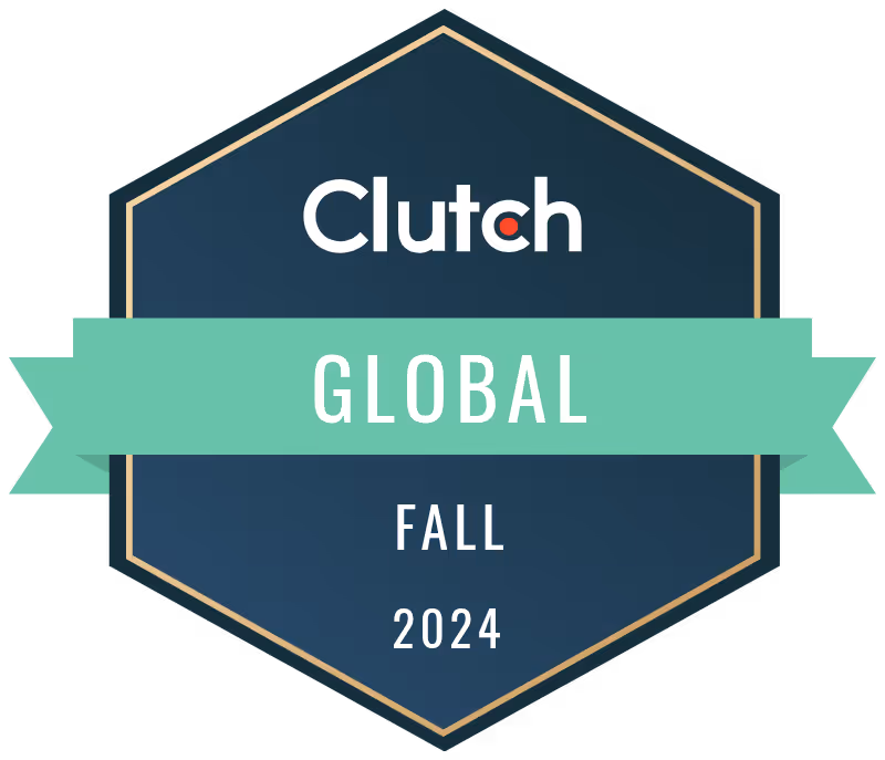 Clutch Global Fall 2024 award badge with a hexagonal blue background and green banner.