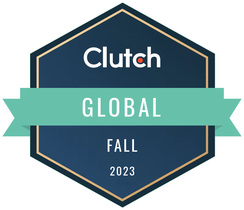 Clutch Global Fall 2023 award badge with hexagonal shape and green ribbon.