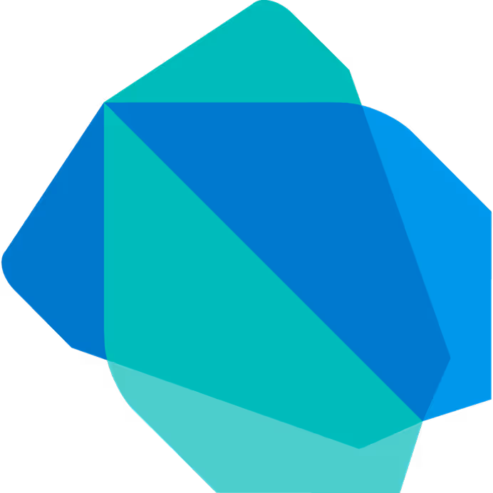 Abstract geometric shape composed of overlapping blue and teal polygons with rounded edges on a white background.