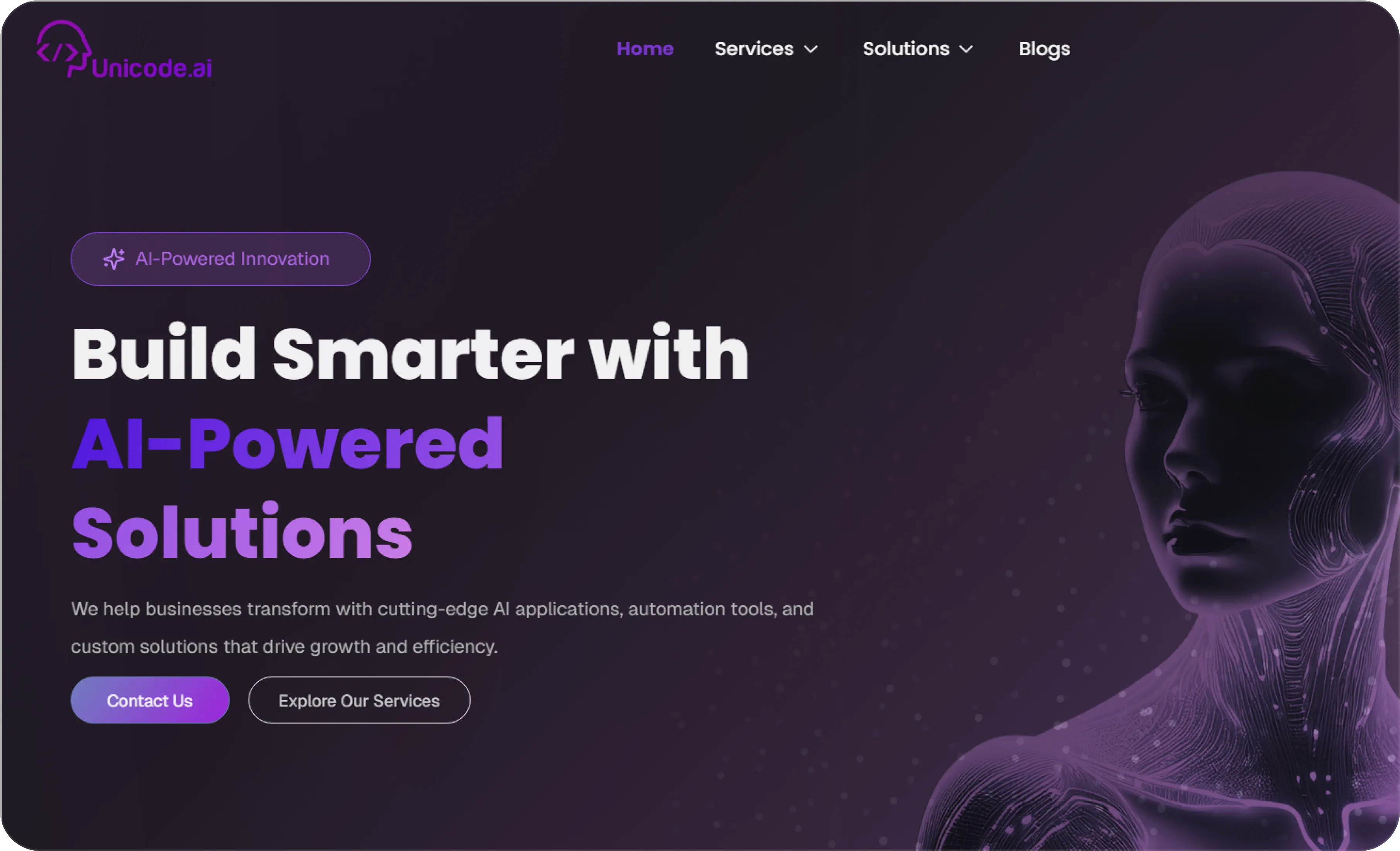 Website homepage with dark purple theme featuring a stylized female AI figure and the text 'Build Smarter with AI-Powered Solutions' alongside navigation links and call-to-action buttons.