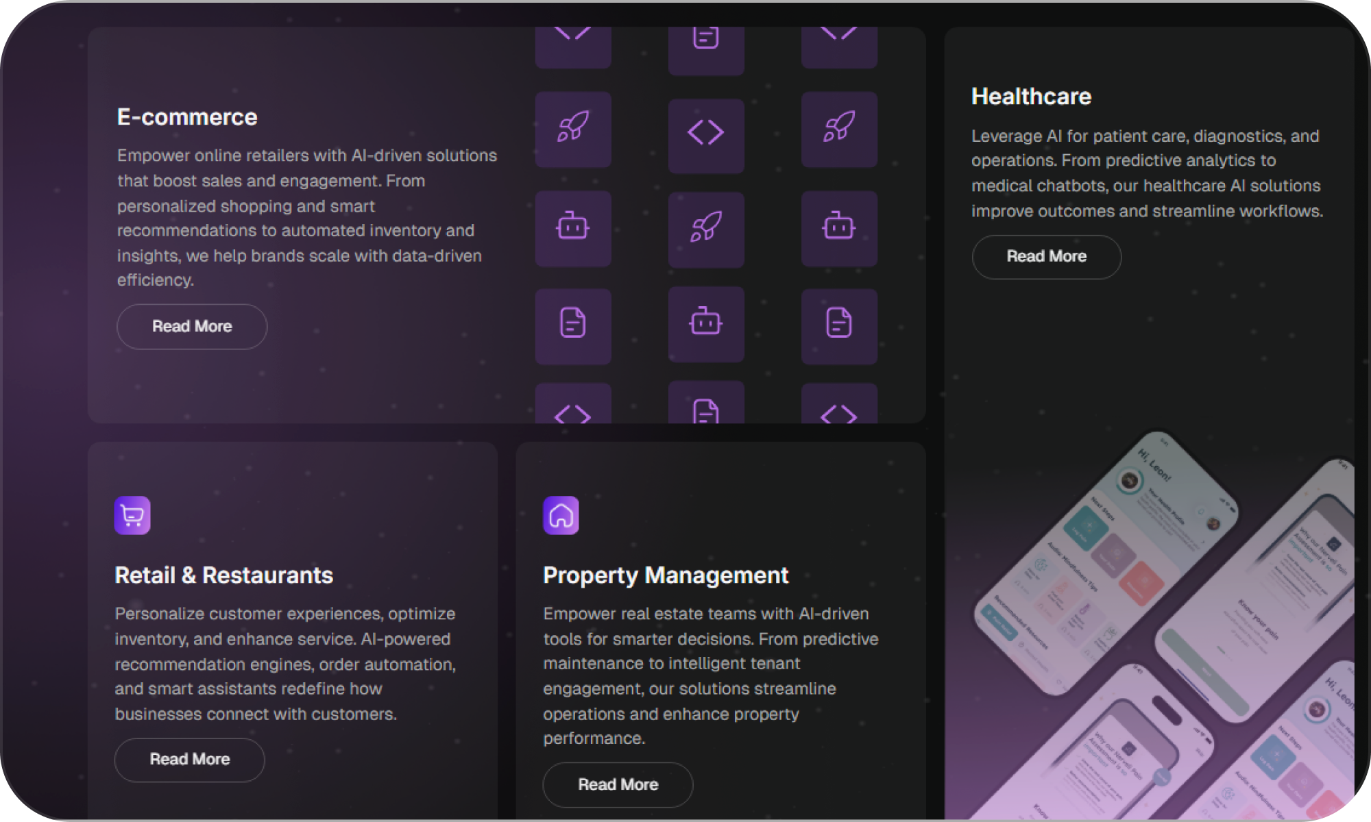 Dark-themed interface showcasing AI-driven industry solutions in E-commerce, Healthcare, Retail & Restaurants, and Property Management with icons and smartphone app previews.