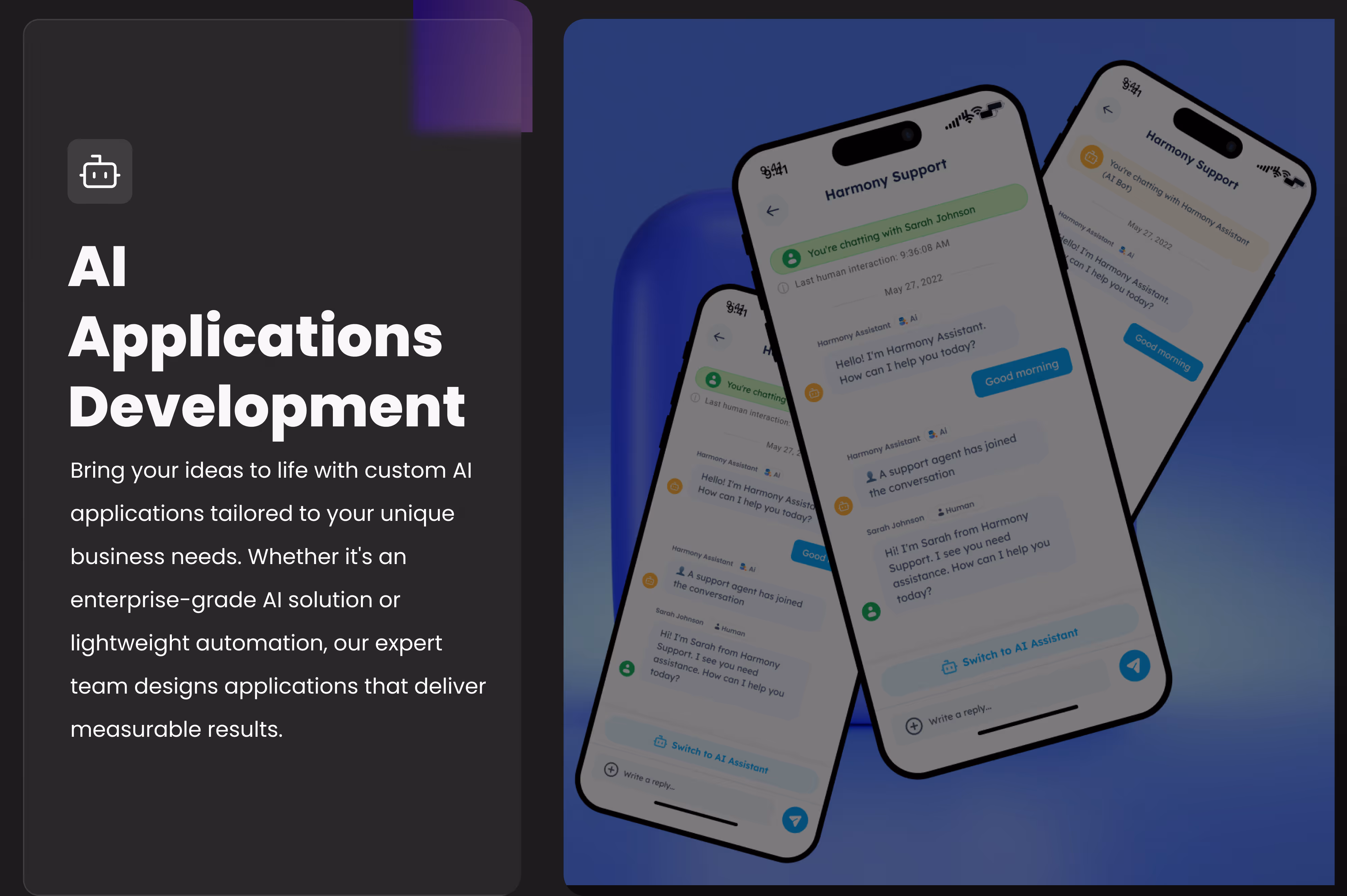 Two smartphones showing a chat interface with Harmony Support AI Assistant on a blue gradient background, next to text about AI Applications Development services.