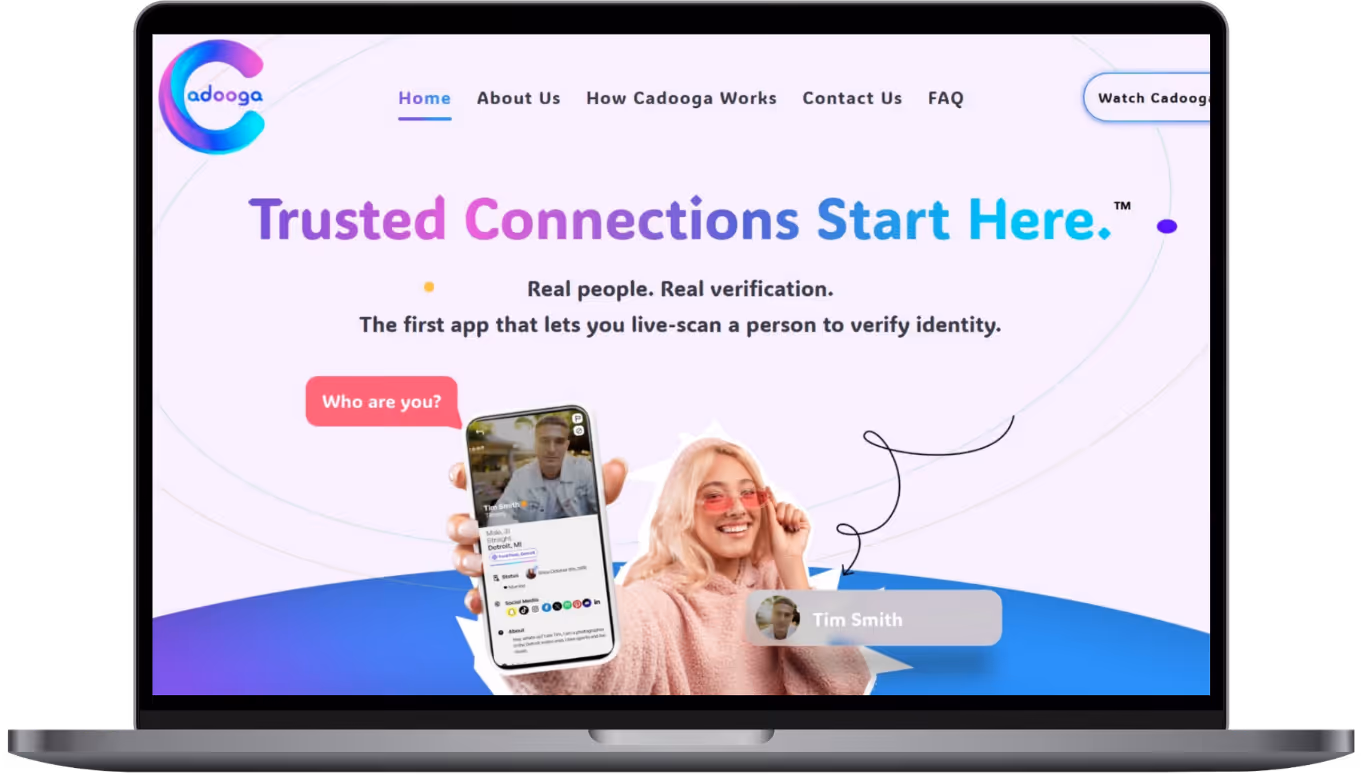 Laptop screen showing Cadooga homepage with tagline Trusted Connections Start Here, highlighting live identity verification with a phone displaying a person's verified profile.