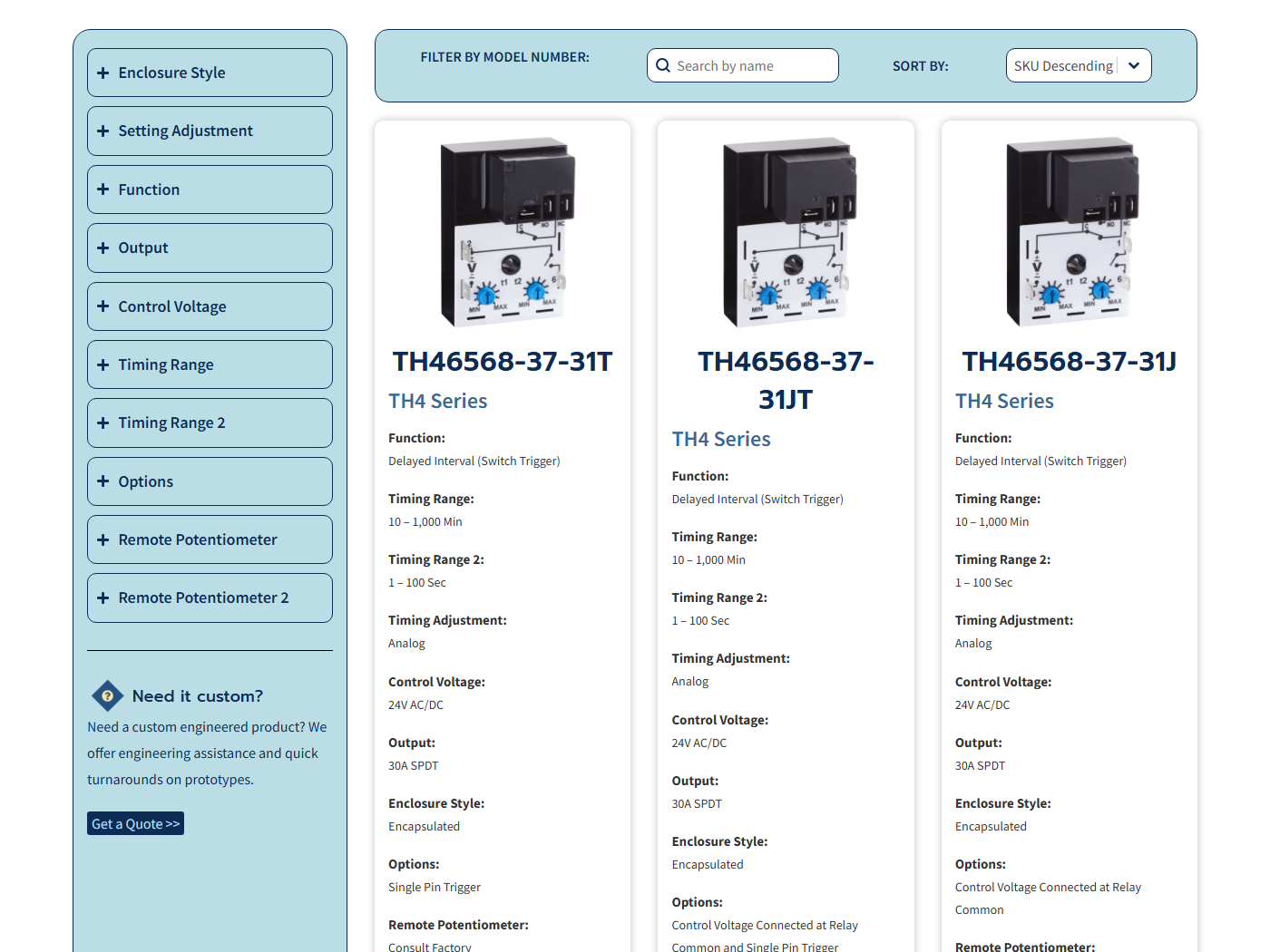 Macromatic B2B storefront — faceted filtering across spec-heavy timing-relay SKUs, with model-number search and sort
