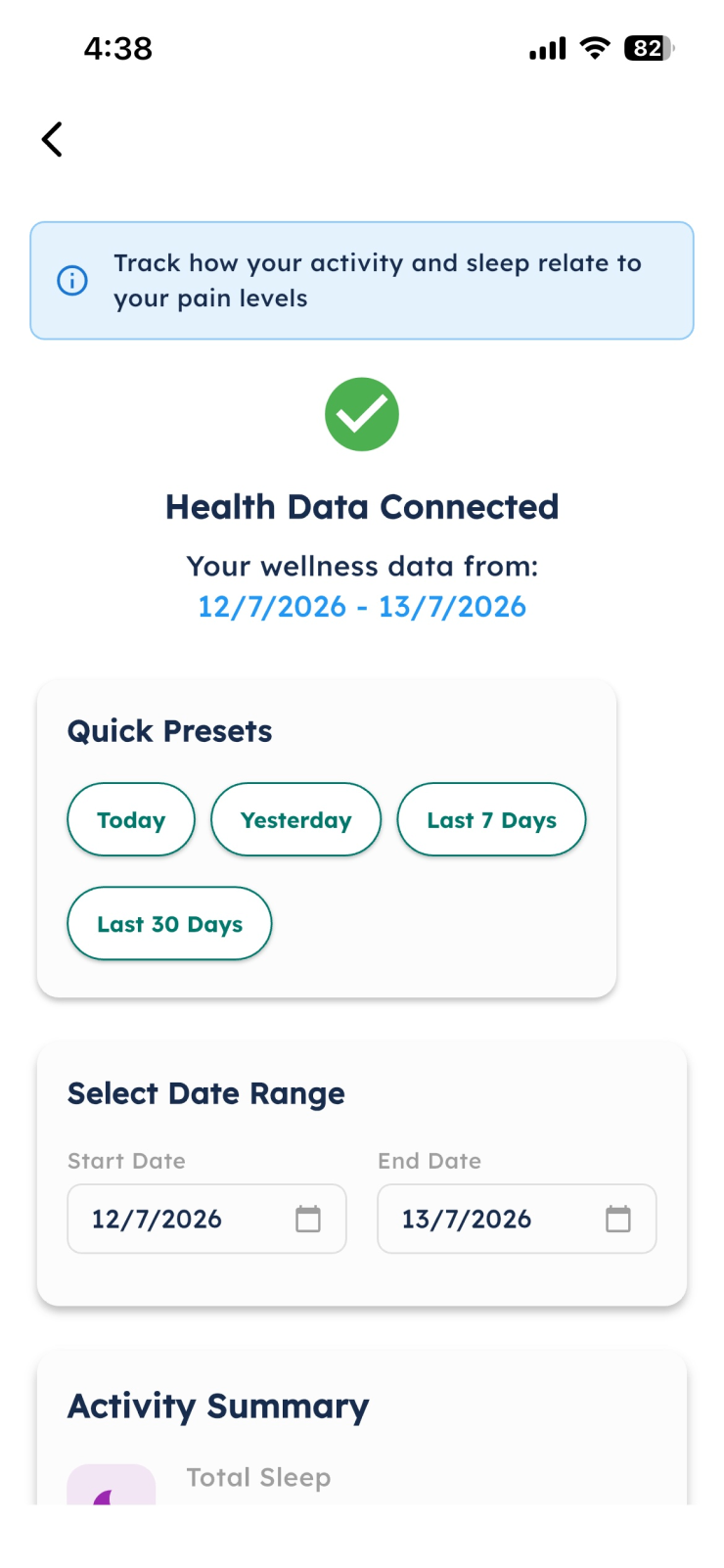 Health data connected with an activity summary