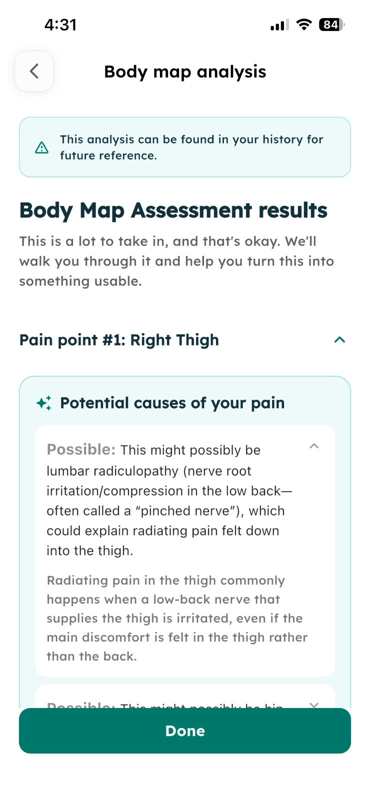Body map analysis results with potential causes of pain