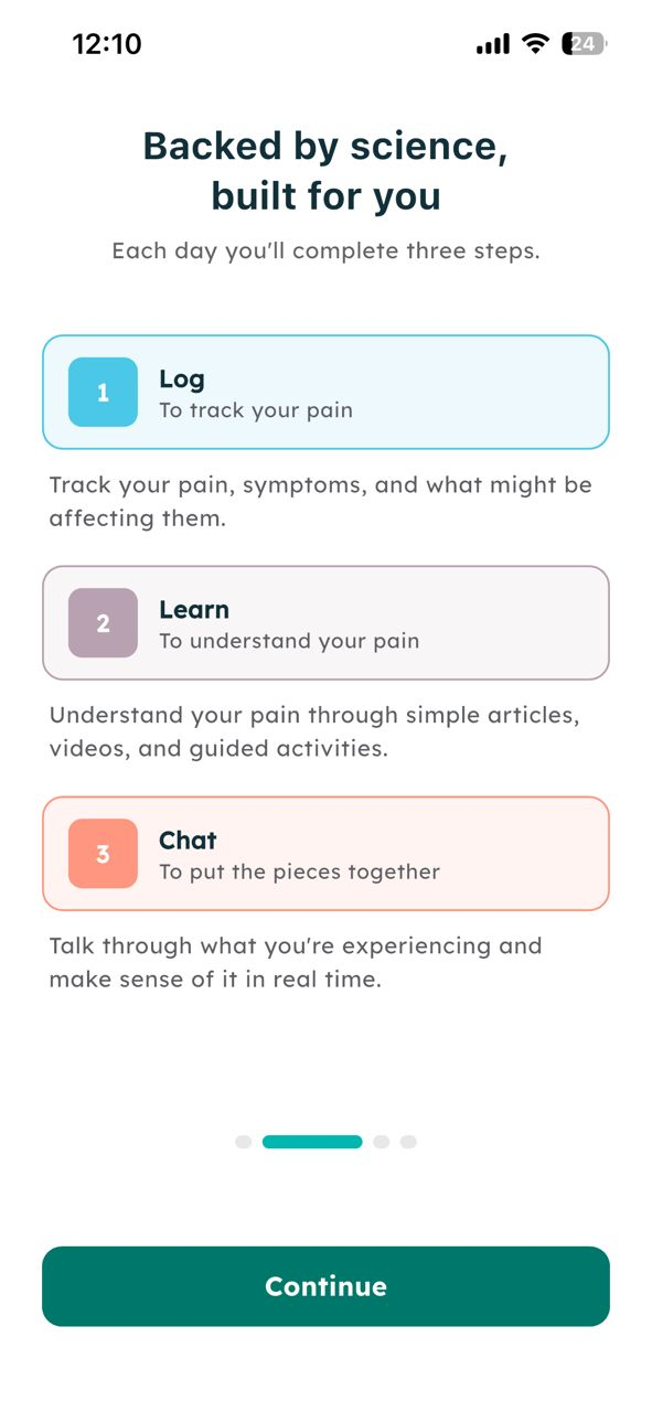 How it works screen with Log, Learn and Chat steps