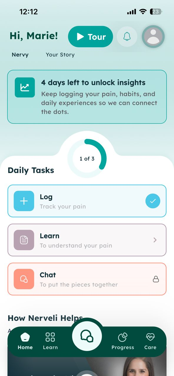 Home screen with insights banner and daily tasks