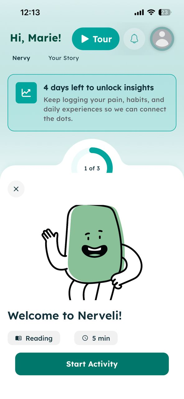 Welcome to Nerveli screen with the Nervy mascot