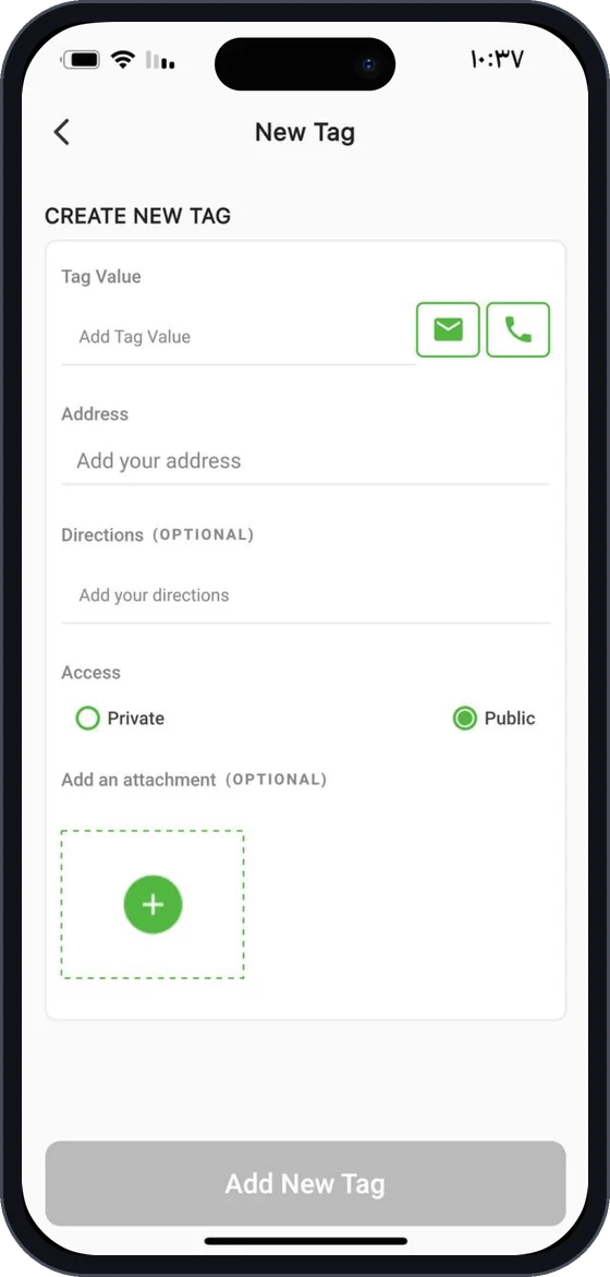 Geo360 create new tag screen with tag value, address and access