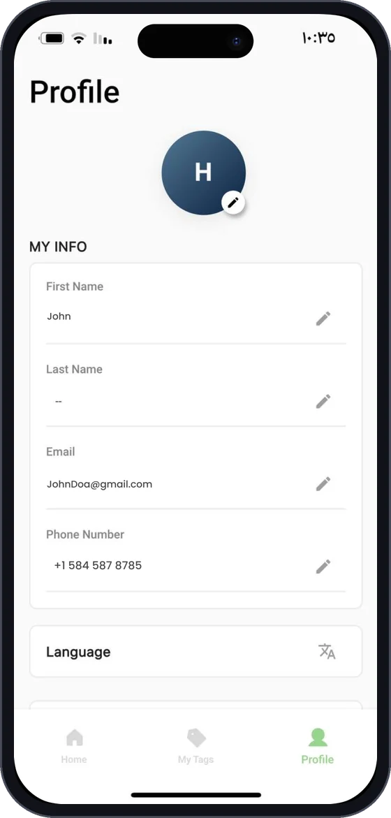 Geo360 profile screen with account details and language setting