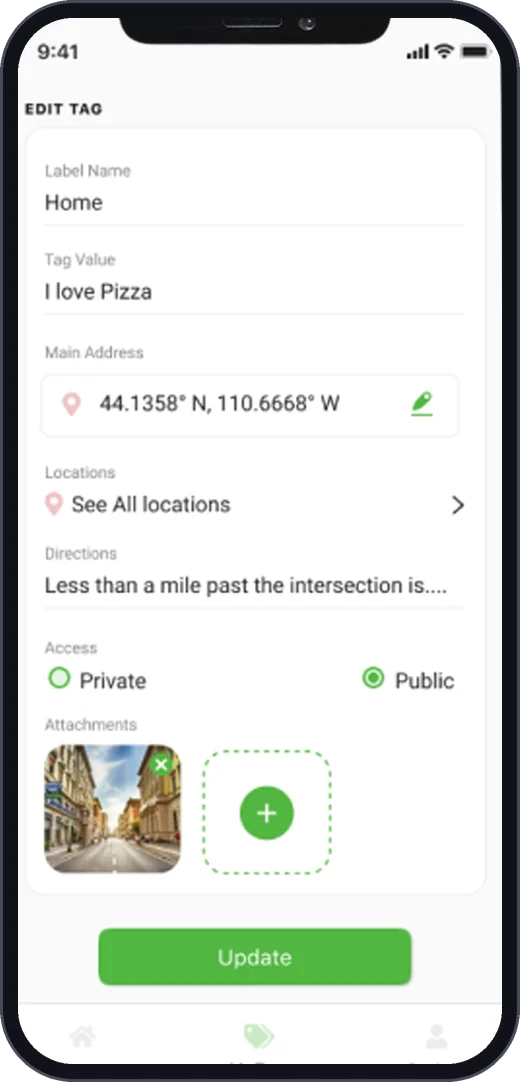 Geo360 edit tag screen with address, locations and directions
