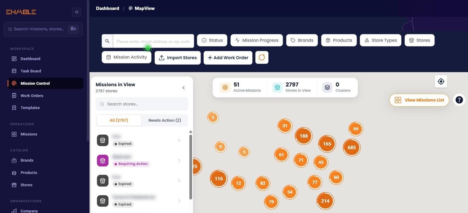 Enable Mission Control showing a live map of 2,797 stores