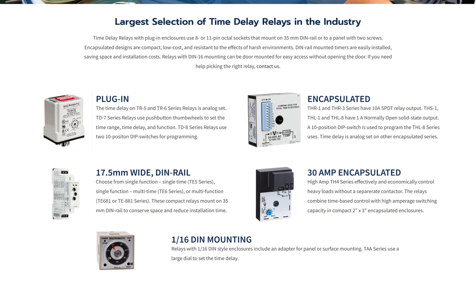 Macromatic time delay relays grouped by mounting type