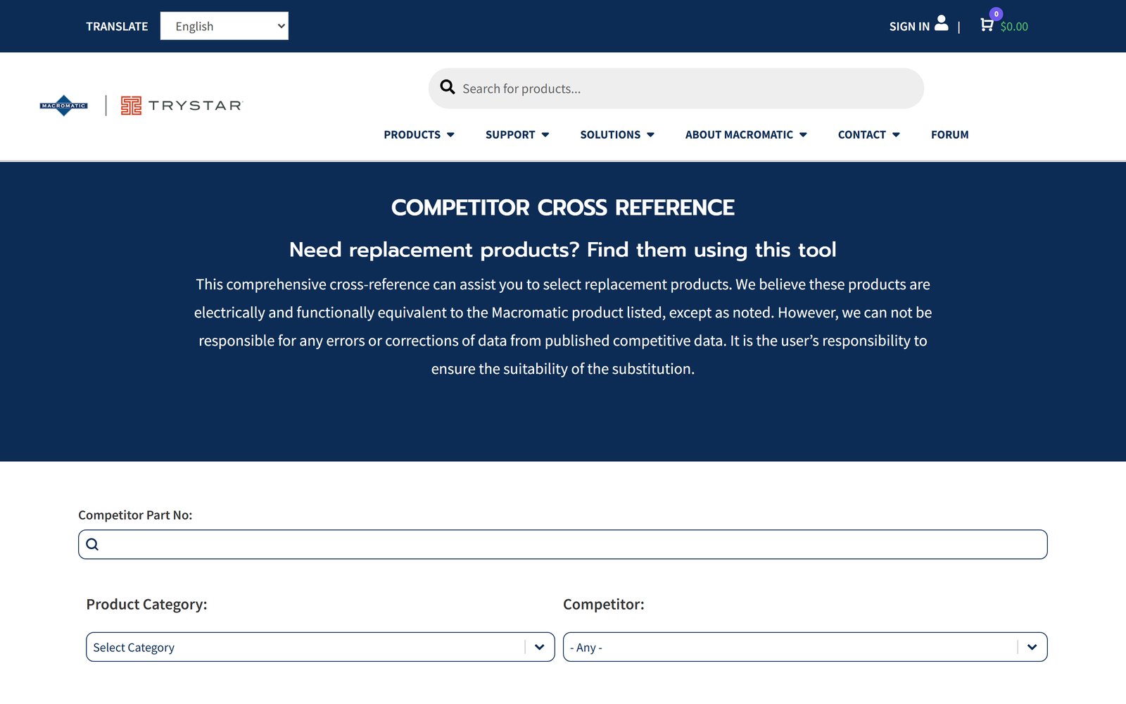 Macromatic competitor cross reference tool