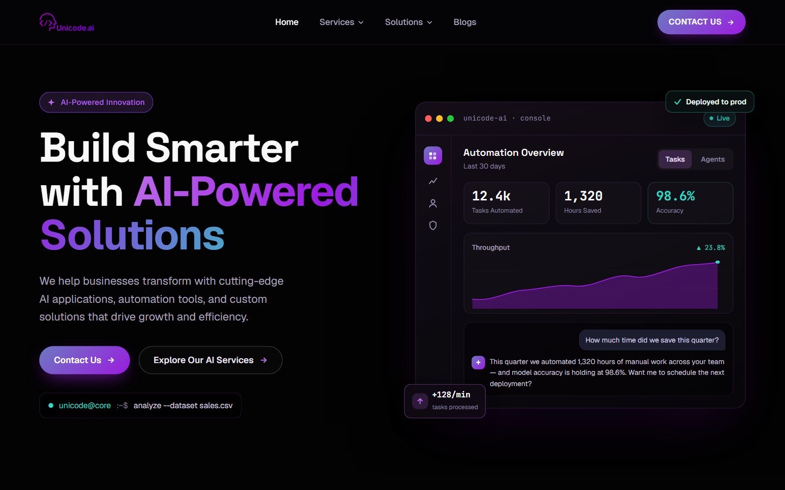 Unicode homepage hero with the AI automation dashboard