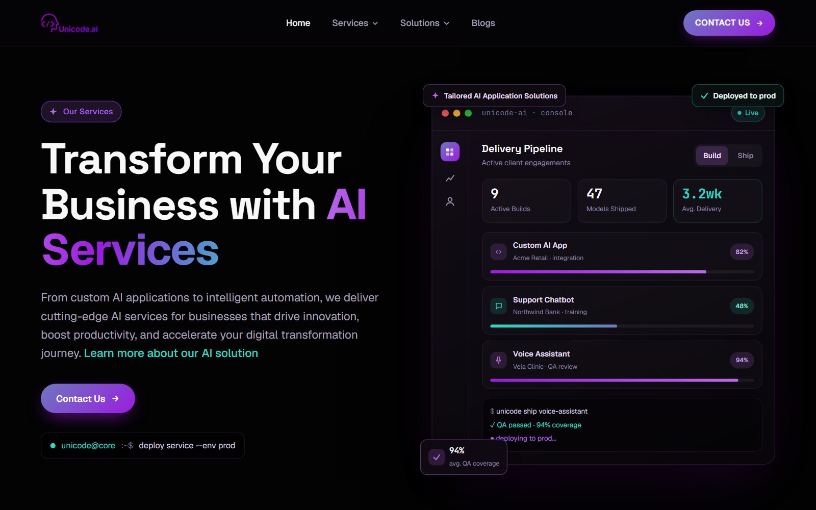 Unicode Services page: Transform Your Business with AI Services, with the delivery pipeline dashboard