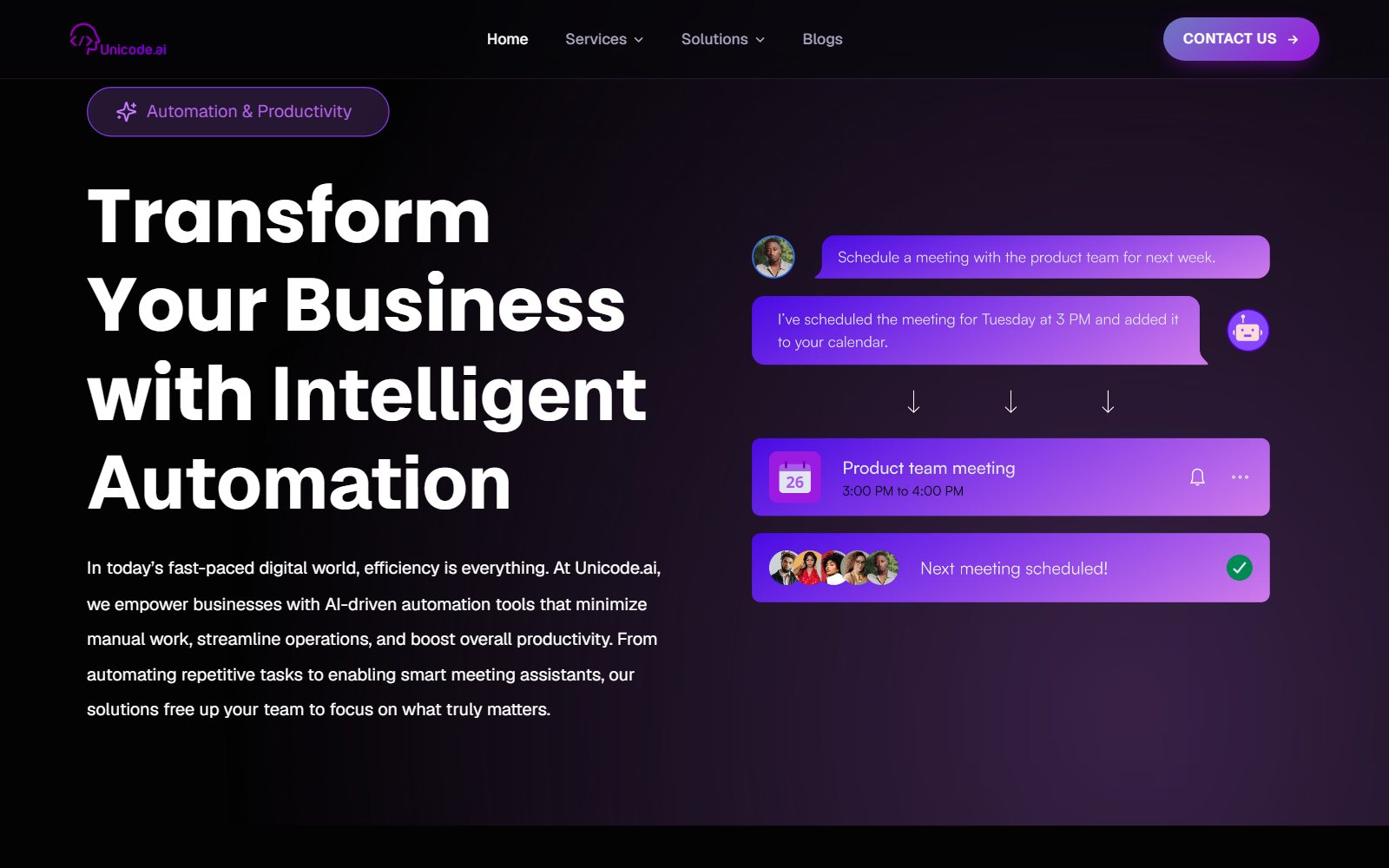 Unicode Automation and Productivity page with the scheduling assistant flow