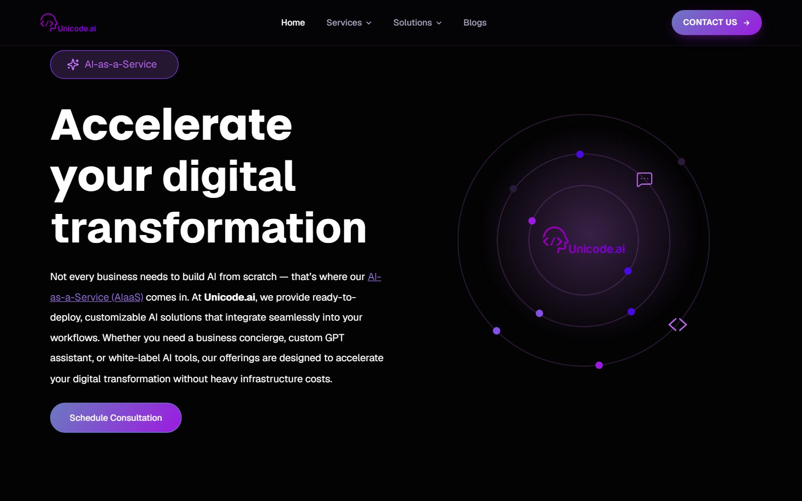 Unicode AI-as-a-Service page with the orbit graphic